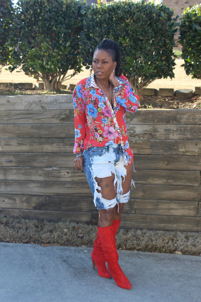 "Gardenia" Red Floral Blouse