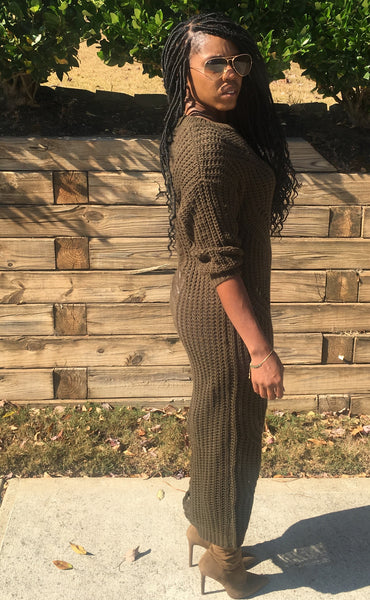 "Very Distressed" Long Sweater Dress-Army Green