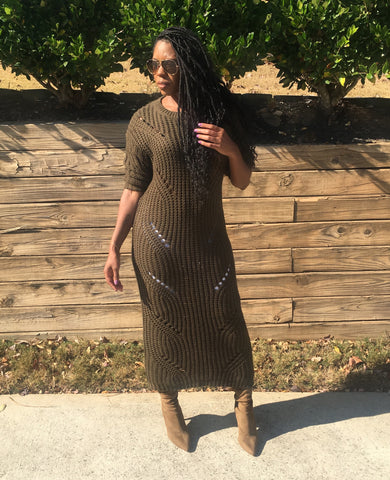 "Very Distressed" Long Sweater Dress-Army Green