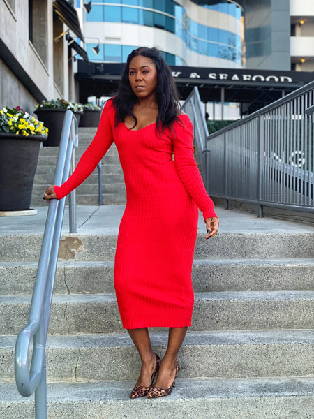“Love Notes-Red” Deep V-Neck Sweater Dress