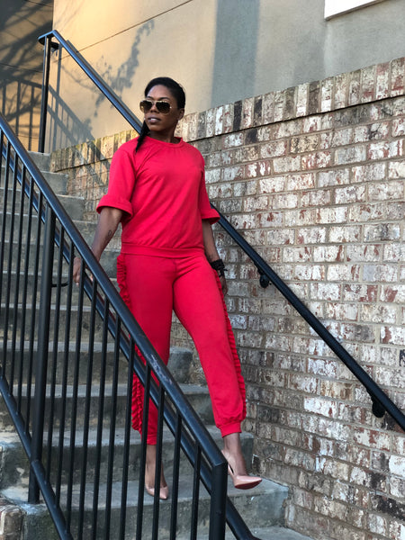 “Ruffle My Feathers” Red Jogging Suit