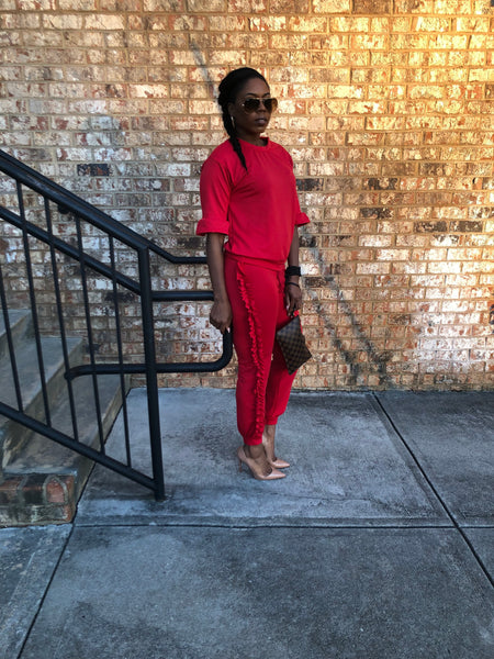 “Ruffle My Feathers” Red Jogging Suit