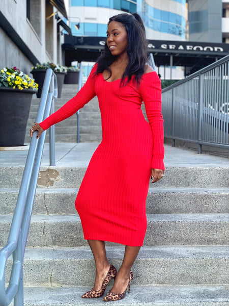 “Love Notes-Red” Deep V-Neck Sweater Dress