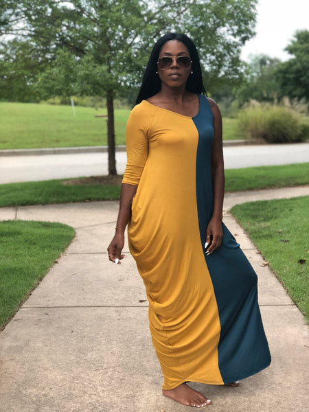 “Must Be 2 Sides-Mustard/Teal” Maxi Dress