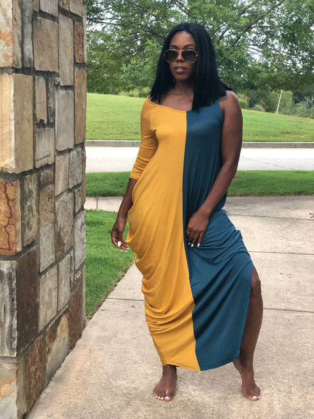 “Must Be 2 Sides-Mustard/Teal” Maxi Dress